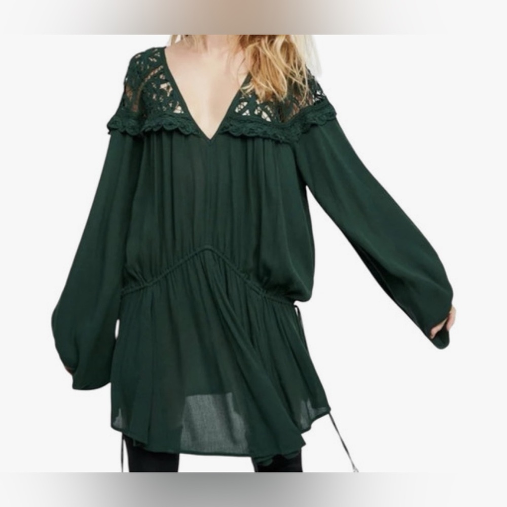 Free People Dark Green Lace-Trim Mini Dress